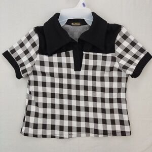 New Fashion Polo Shirt Womens M Black White‎ Checkered Gingham Retro Knit Top